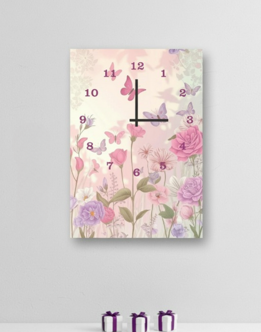 Floral Garden-Inspired Digital Printed Wooden Wall Clock, Hanging Decor With Butterflies, Roses & Elegant Hook Mount