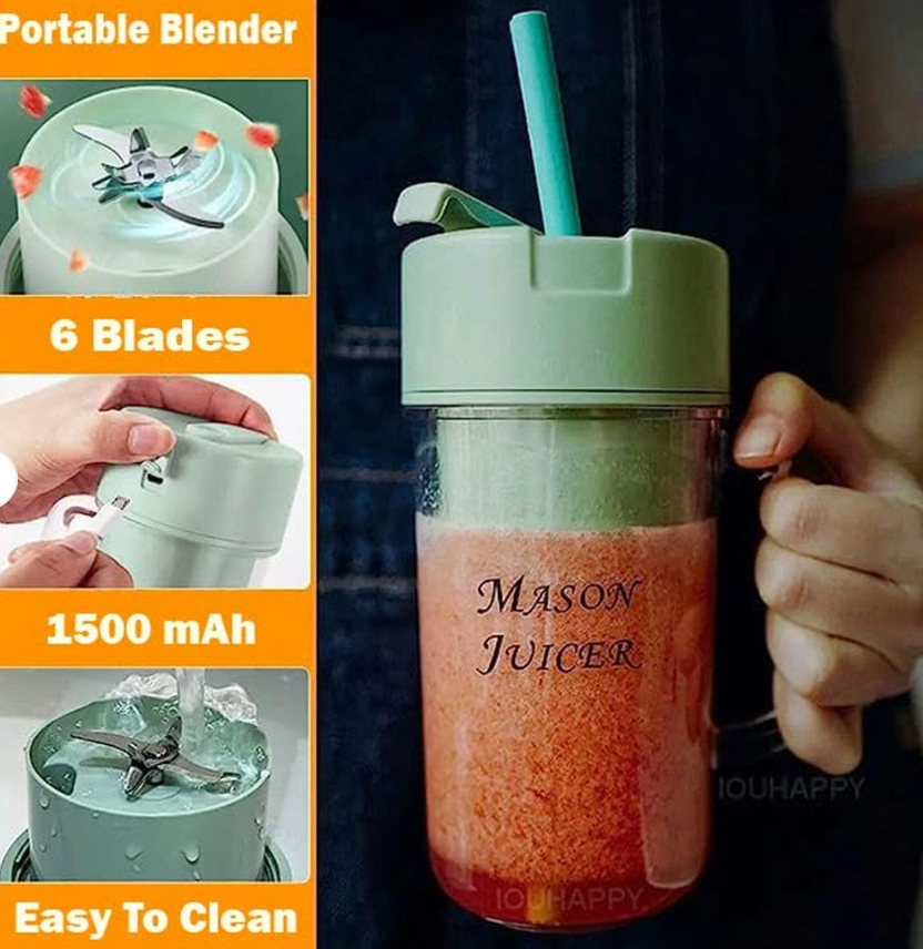 Mason Portable Mini Juicer Blender – Cordless Outdoor Juicing Cup with Straw | Rechargeable Personal Smoothie Maker