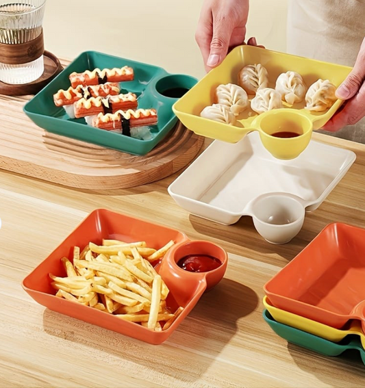 4-Piece Colorful Serving Platter Set – BPA-Free Snack, Sushi, Appetizer & Dessert Plates with Built-In Dipping Bowls for Parties & Home Use