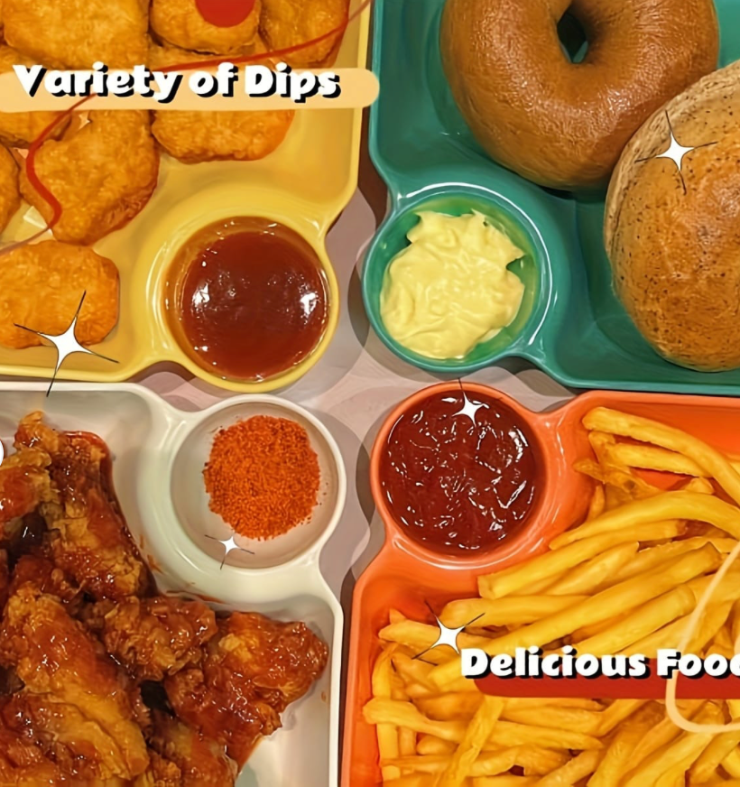 4-Piece Colorful Serving Platter Set – BPA-Free Snack, Sushi, Appetizer & Dessert Plates with Built-In Dipping Bowls for Parties & Home Use