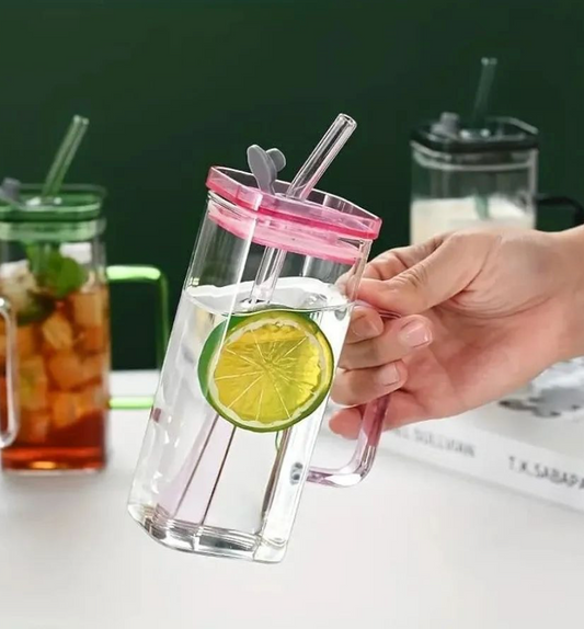 Premium 400ml Transparent Glass Mug with Lid & Straw – Stylish Breakfast, Coffee & Juice Cup Drinkware for Home & Office Use