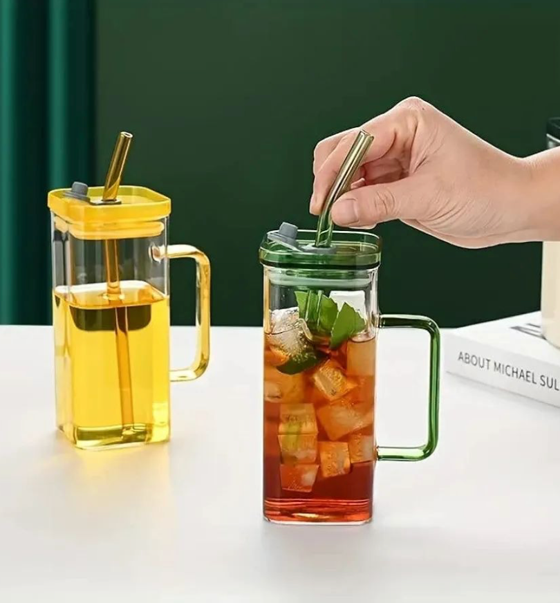 Premium 400ml Transparent Glass Mug with Lid & Straw – Stylish Breakfast, Coffee & Juice Cup Drinkware for Home & Office Use