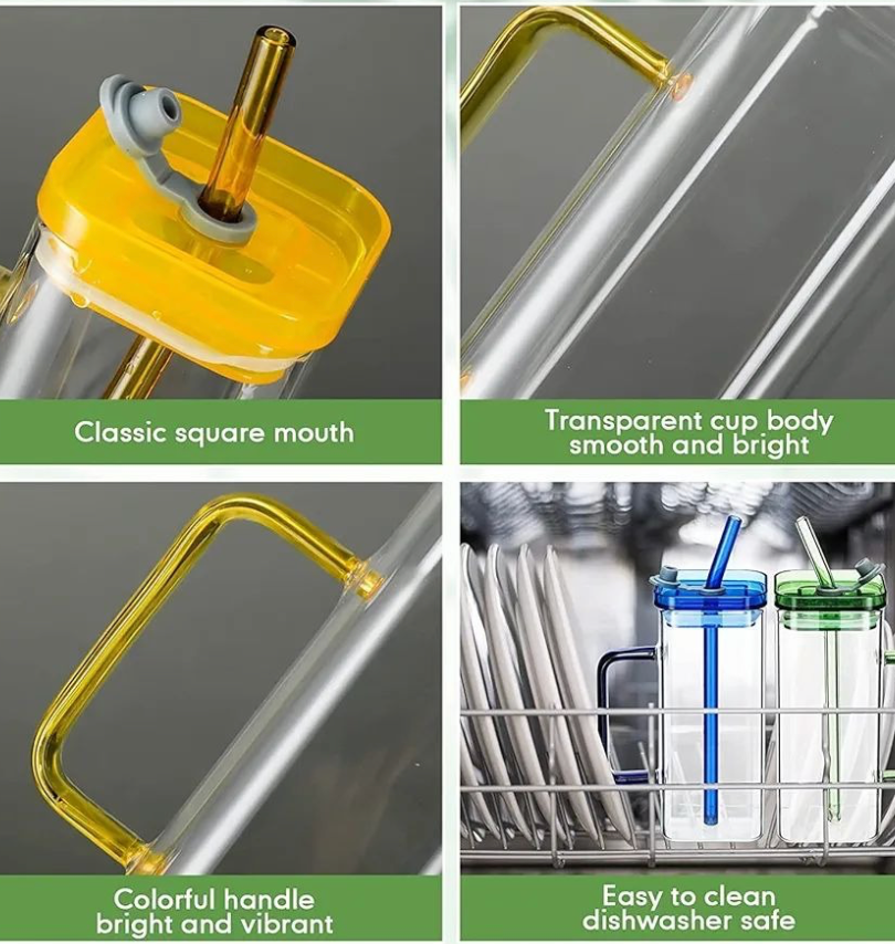 Premium 400ml Transparent Glass Mug with Lid & Straw – Stylish Breakfast, Coffee & Juice Cup Drinkware for Home & Office Use