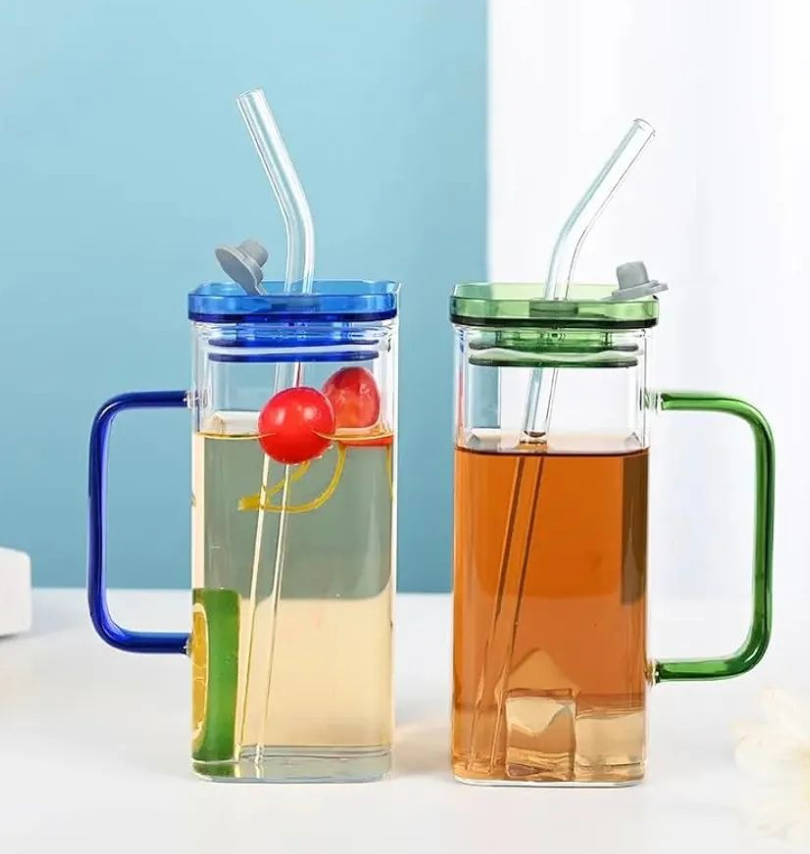 Premium 400ml Transparent Glass Mug with Lid & Straw – Stylish Breakfast, Coffee & Juice Cup Drinkware for Home & Office Use