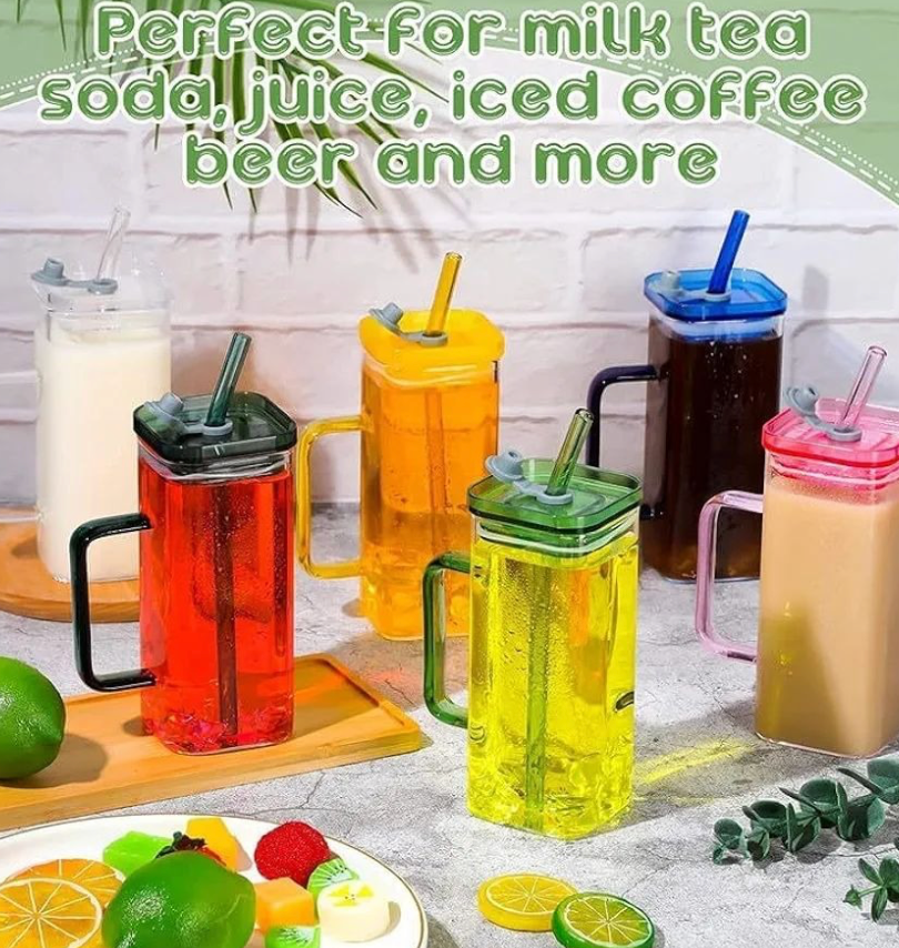 Premium 400ml Transparent Glass Mug with Lid & Straw – Stylish Breakfast, Coffee & Juice Cup Drinkware for Home & Office Use