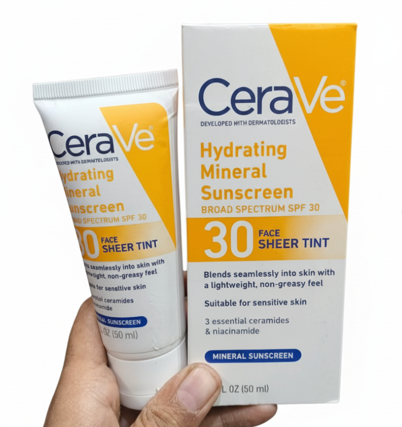 CeraVe Hydrating Mineral Sunscreen 50ml – Broad Spectrum SPF Protection with Hyaluronic Acid & Ceramides for Moisturized, Healthy Skin
