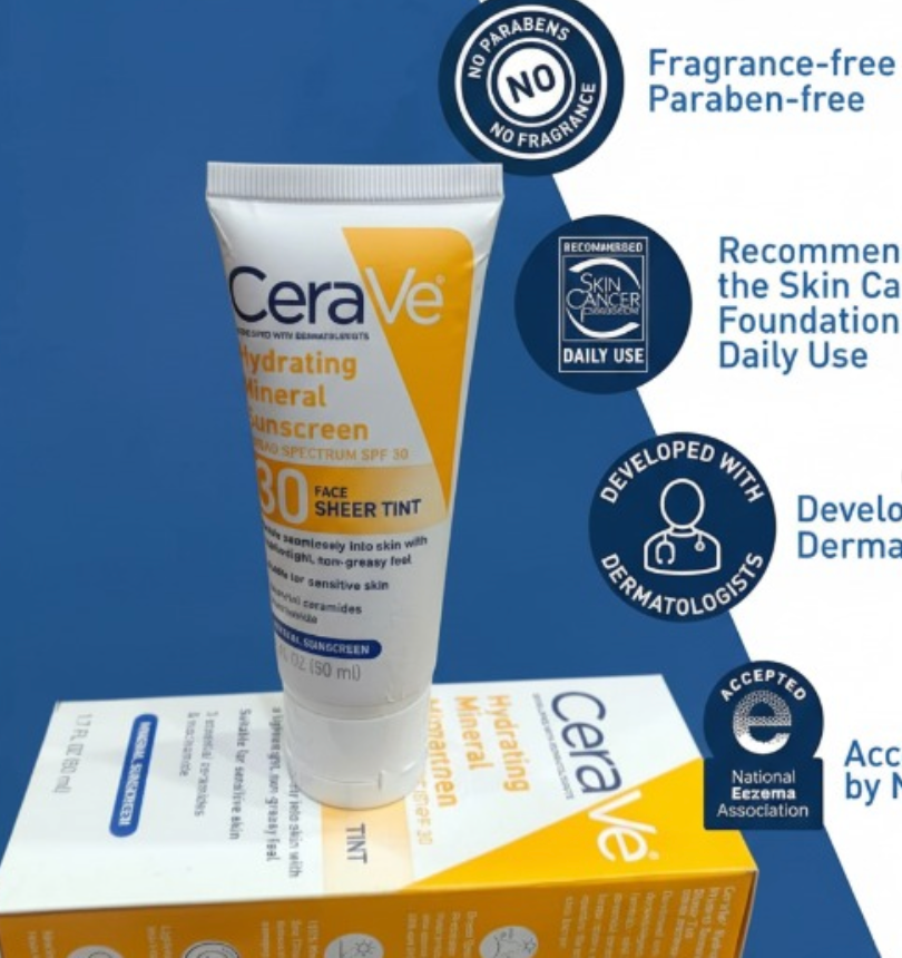 CeraVe Hydrating Mineral Sunscreen 50ml – Broad Spectrum SPF Protection with Hyaluronic Acid & Ceramides for Moisturized, Healthy Skin