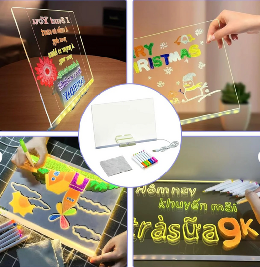 LED Writing Board with 7 Color Markers & Stand – 20x30cm Illuminated Message Board for Restaurants, Cafes, Shops & Home Use
