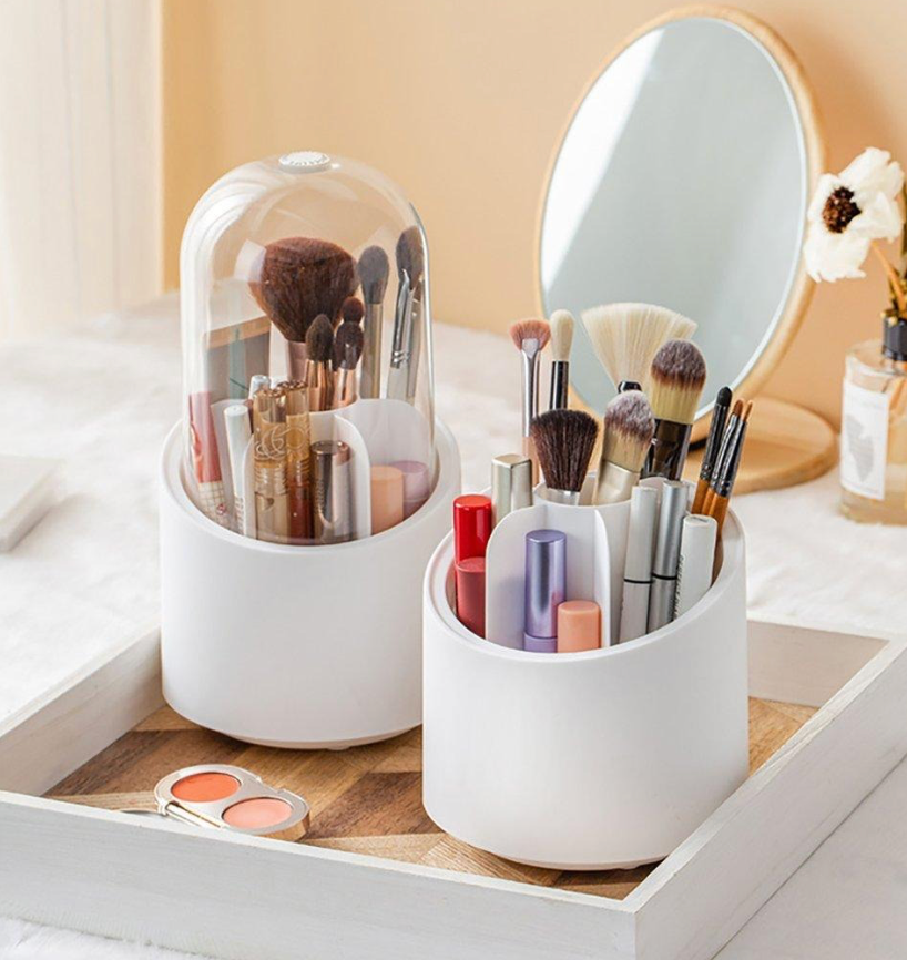360° Rotating Makeup Brush Organizer – Desktop Cosmetic Storage Box for Brushes, Lipsticks, Eyebrow Pencils & Beauty Tools