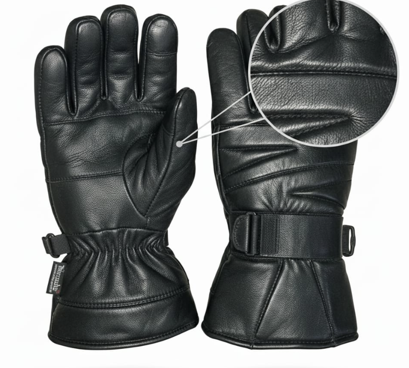 Men’s Genuine Sheep Leather Winter Gloves – Black Motorcycle Riding Gloves with Warm Thermal Lining