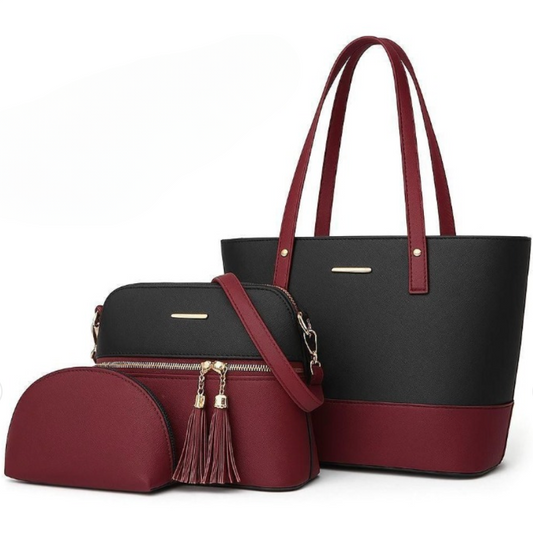 3-Piece Elegant Tote Handbag Set – Premium Quality, Smooth Finish & Stylish Daily Carry (Black & Skin)