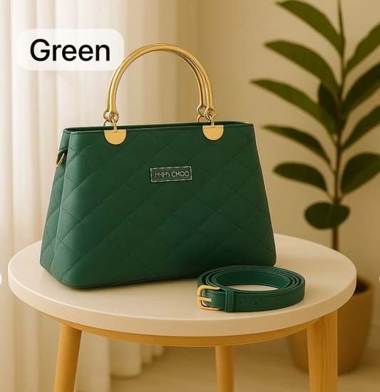 Premium Quilted Faux Leather Handbag with Golden Metal Handle – Elegant Shoulder Tote Collection