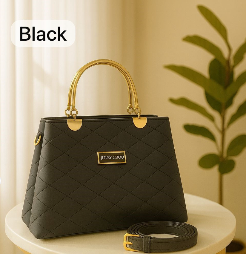 Premium Quilted Faux Leather Handbag with Golden Metal Handle – Elegant Shoulder Tote Collection