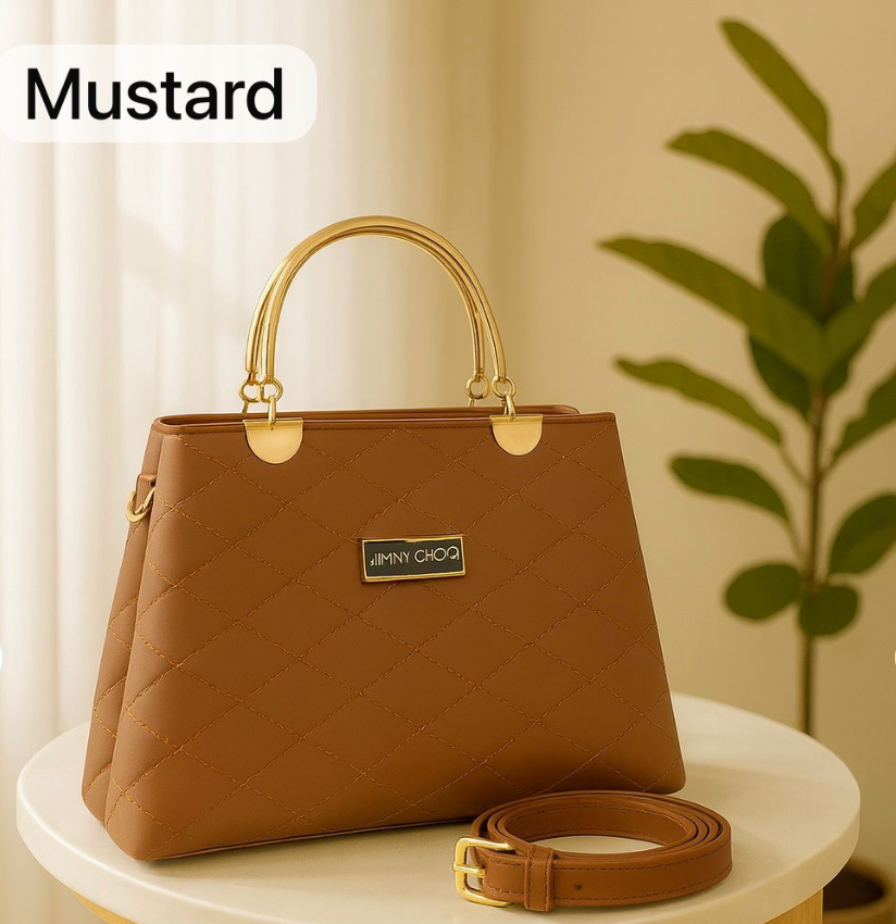 Premium Quilted Faux Leather Handbag with Golden Metal Handle – Elegant Shoulder Tote Collection