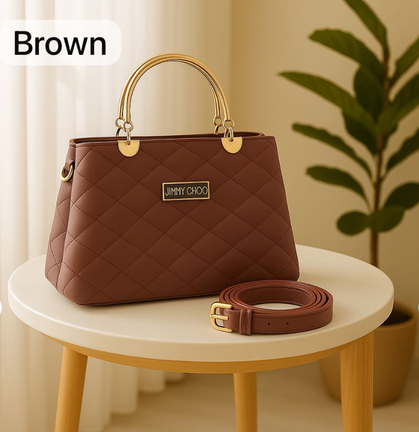 Premium Quilted Faux Leather Handbag with Golden Metal Handle – Elegant Shoulder Tote Collection