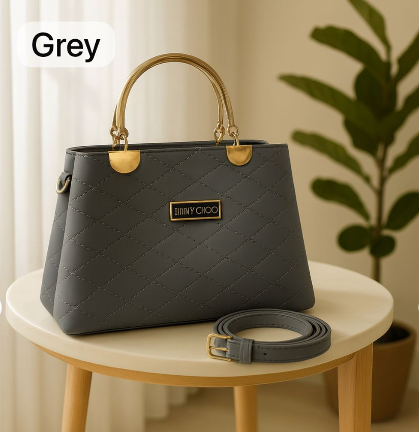 Premium Quilted Faux Leather Handbag with Golden Metal Handle – Elegant Shoulder Tote Collection