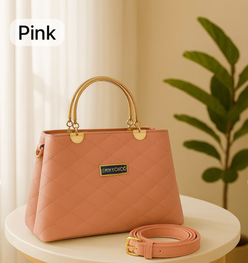 Premium Quilted Faux Leather Handbag with Golden Metal Handle – Elegant Shoulder Tote Collection