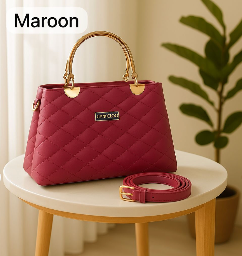 Premium Quilted Faux Leather Handbag with Golden Metal Handle – Elegant Shoulder Tote Collection