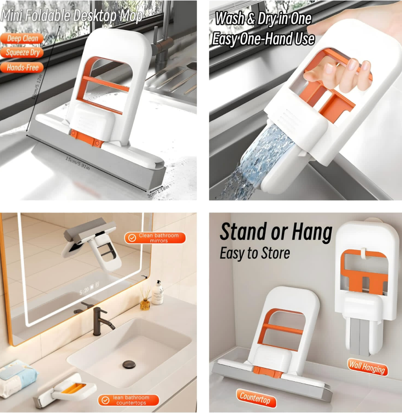 Foldable Desktop Mini Sponge Mop | Portable Wet & Dry Cleaning | Self-Squeezing Mop For Kitchen, Bathroom, Car & Glass