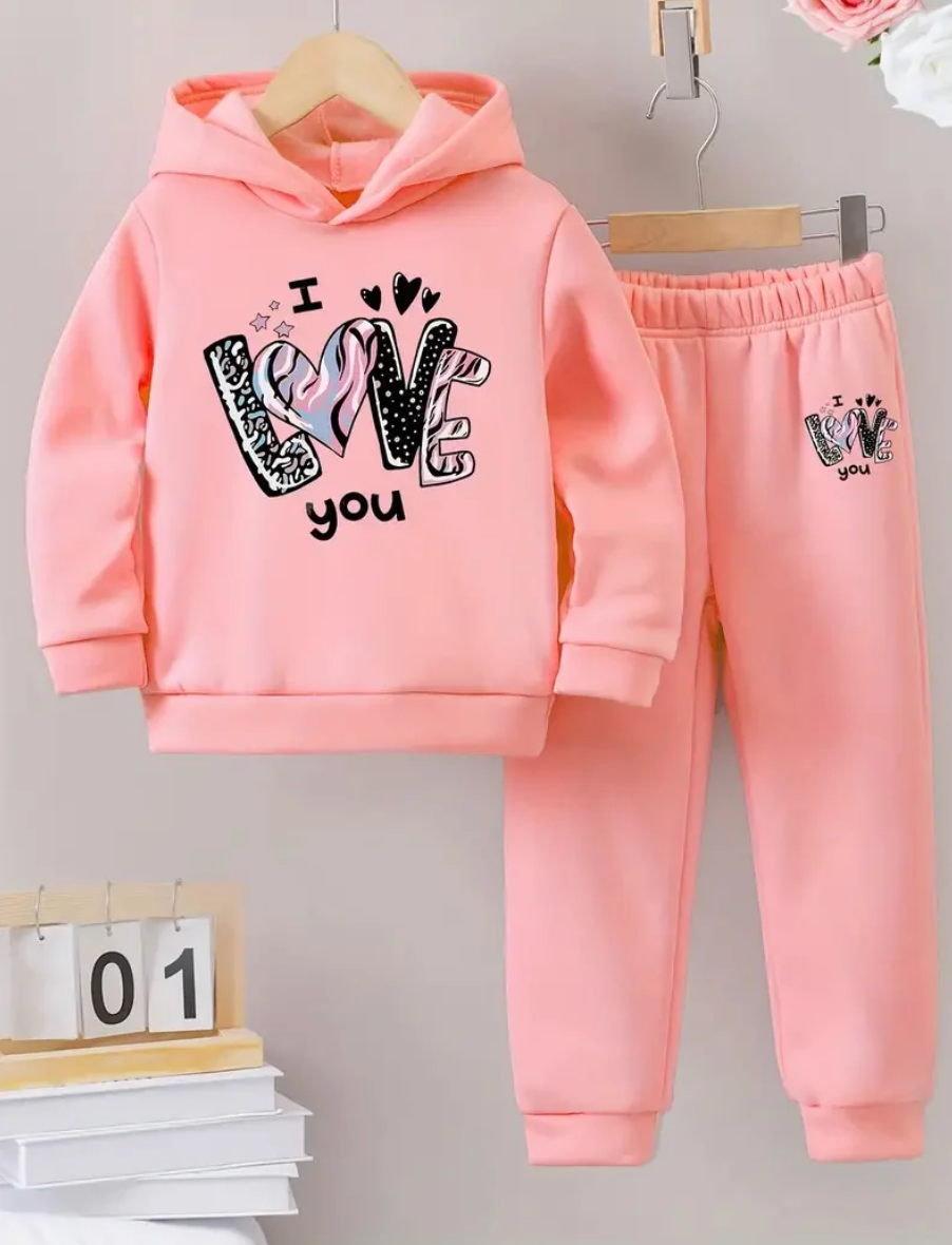 Girls Tracksuit (I LOVE YOU Letter) Graphic Kids’ Tracksuit | Cute Sweatshirt & Pants Set