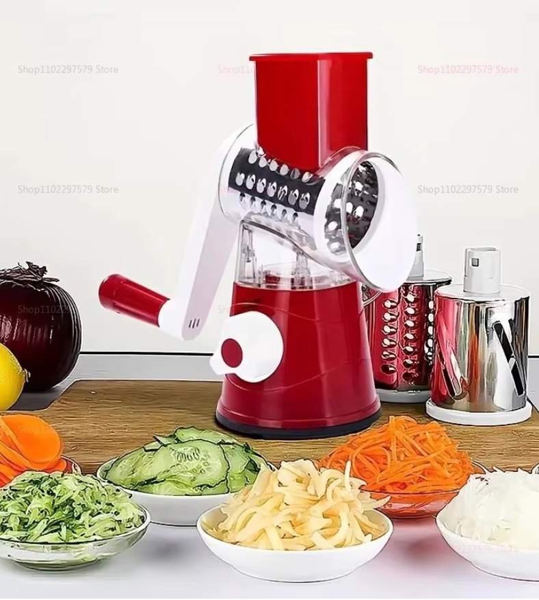 3-in-1 Vegetable Cutter & Slicer – Manual Kitchen Chopper With 3 Sharp Stainless Steel Drums For Effortless Cheese, Garlic & Potato Shredding