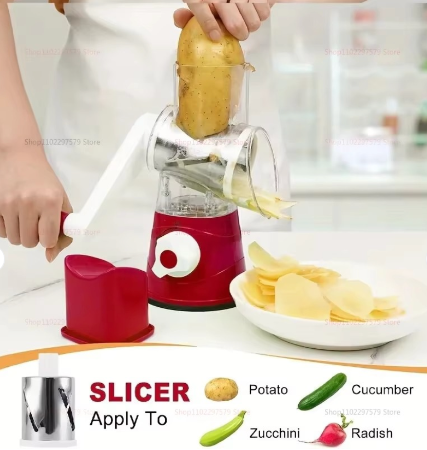 3-in-1 Vegetable Cutter & Slicer – Manual Kitchen Chopper With 3 Sharp Stainless Steel Drums For Effortless Cheese, Garlic & Potato Shredding