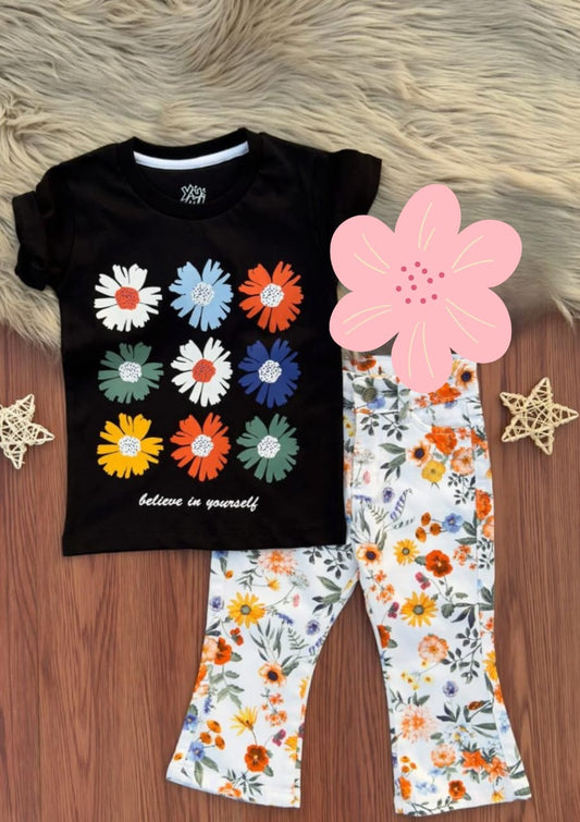 Floral Girls’ T-Shirt & Cotton Bell-Bottom Pants Set | Stylish Summer Outfit for Kids