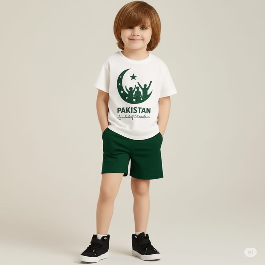 Pakistan Independence Day Kids Outfit Set – White T-Shirt and Green Shorts,Pakistan Independence Day kids outfit,Kids green and white Azadi clothes,Azadi dress set for kids