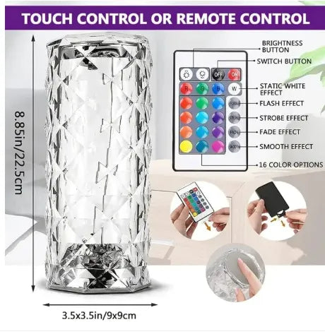 16-Color Diamond Rose Crystal Touch Lamp – USB Rechargeable Acrylic Bedside Table Lamp with Remote Control