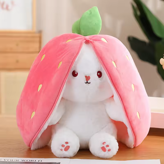 Cute Teddy Bear for Girls - Soft Stuffed Carrot Rabbit Plush Doll - Cute Stuffed Bunny Reversible Zipper Bag - Cute Kids Birthday Gift - Cute Teddy Bear for Girls - Stuffed Toys for Girls - Strawberry Rabbit - Stuffed Sleeping Toy - Birthday Gift for Girl