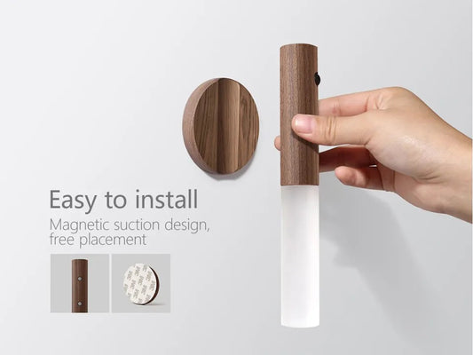 LED Wood Night Light PIR Motion Sensor Magnetic Wall Lamp USB Rechargeable Lights Home Staircase Bedroom Lamp Bedside Lighting