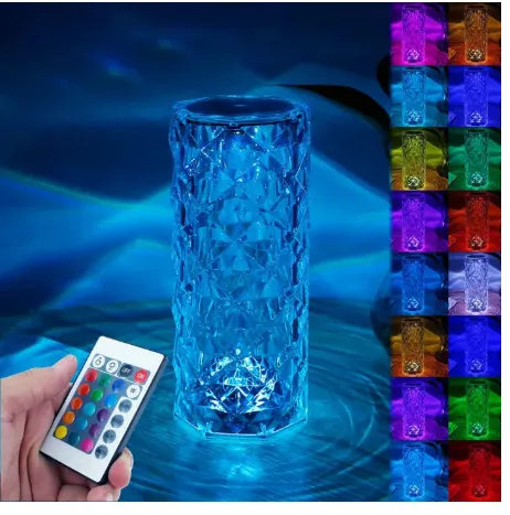 16-Color Diamond Rose Crystal Touch Lamp – USB Rechargeable Acrylic Bedside Table Lamp with Remote Control