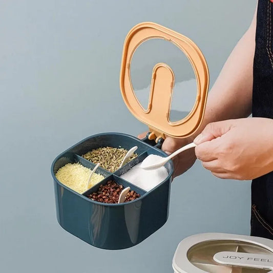 Modern spice kit, 4 In 1 partition kitchen seasoning box, 4 Portions spice box, 4 Grid spice jar with free spoon, Spice rack kitchen storage.