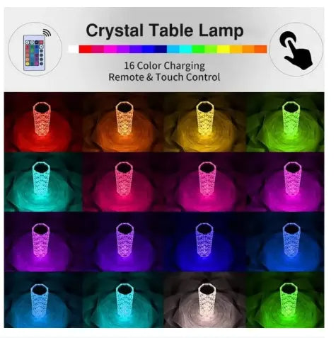 16-Color Diamond Rose Crystal Touch Lamp – USB Rechargeable Acrylic Bedside Table Lamp with Remote Control